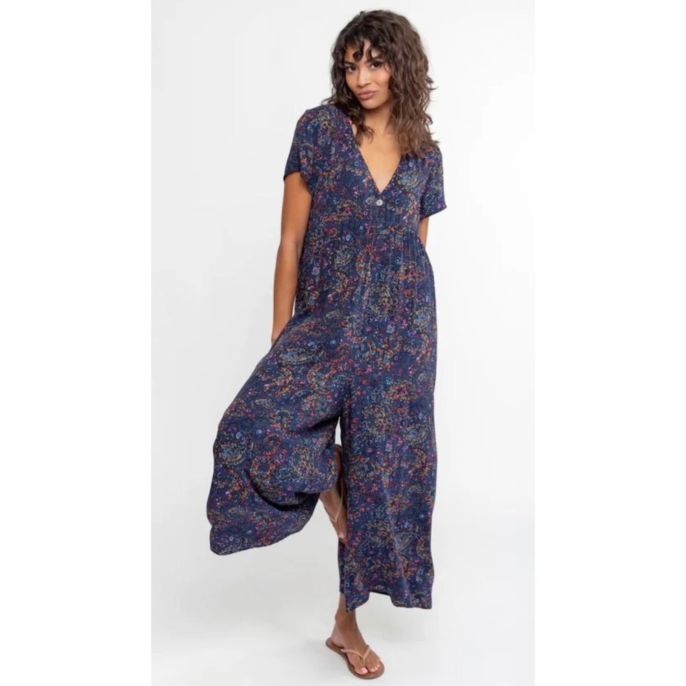 Natural Life Navy Blue Paisley Floral Wide Leg Jumpsuit XS Short Sleeve V-Neck